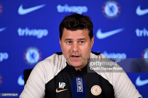 Head Coach Mauricio Pochettino of Chelsea during a press conference at Chelsea Training Ground on September 26, 2023 in Cobham, England.