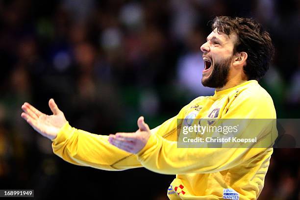 Arnaud Siffert of Nantes celebrates during the EHF Cup Semi Final match between Tvis Holstebro and HBC Nantes at Palais des Sports de Beaulieu on May...