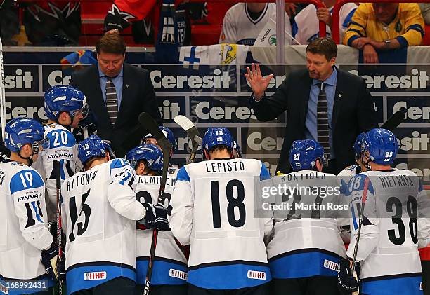 Jukka Jalonen , head coach of Finland gives instructions during the IIHF World Championship semifinal match between Finland and Sweden at Globen...