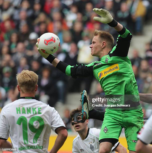 Marc-Andre ter Stegen of Moenchengladbach grabs the ball during the Bundesliga match between Borussia Moenchengladbach and Bayern Muenchen at...