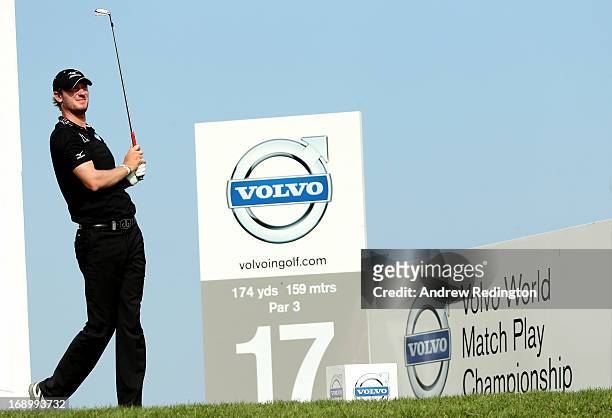 Chris Wood of England hits his tee-shot on the 17th hole during the quarter-final matches on Day Three of the Volvo World Match Play Championship at...