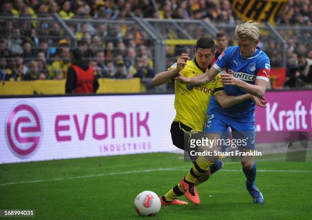 Robert Lewendowski of Dortmund is challenged by Andreas Beck of Hoffenheim during the Bundesliga match between Borussia Dortmund and TSG 1899...