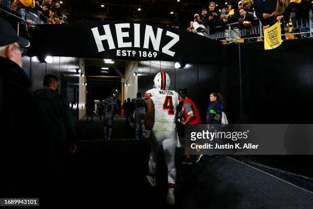 Deshaun Watson of the Cleveland Browns walks off the field following his team’s 26-22 loss against the Pittsburgh Steelers at Acrisure Stadium on...