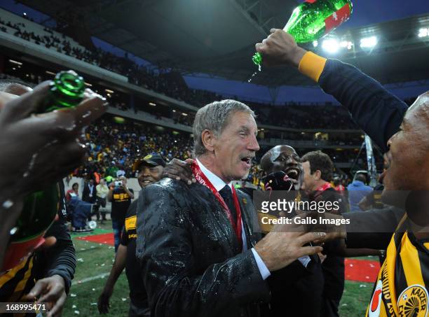 Stuart Baxter of Chiefs gets a shower in champagne during the Absa Premiership match between University of Pretoria and Kaizer Chiefs at Mbombela...
