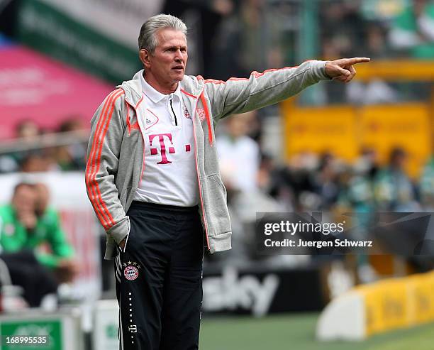 Headcoach Jupp Heynckes of Munich gives instructions during the Bundesliga match between Borussia Moenchengladbach and Bayern Muenchen at Borussia...