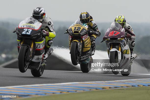 Thomas Luthi of Switzerland and Interwetten Paddock lifts the front wheel during the qualifying practice of the MotoGp Of France - Qualifying on May...