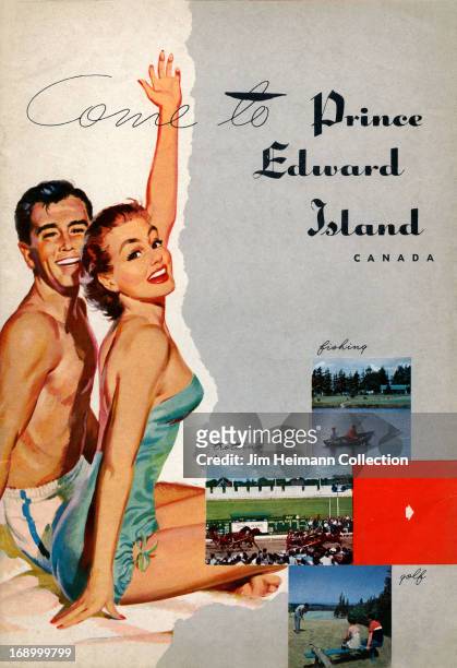 Tourism brochure for Prince Edward Island reads "Come to Prince Edward Island, Canada, Fishing, Trotting Races, Golf" from 1952 in Canada.