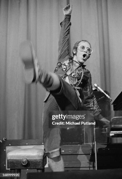 English singer-songwriter Elton John performing at Portsmouth Guildhall, 26th August 1972.