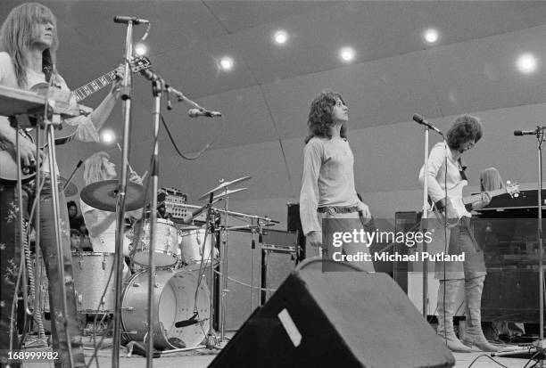 English progressive rock group Yes performing at a Crystal Palace Garden Party event, Crystal Palace Bowl, London, 2nd September 1972. Left to right:...