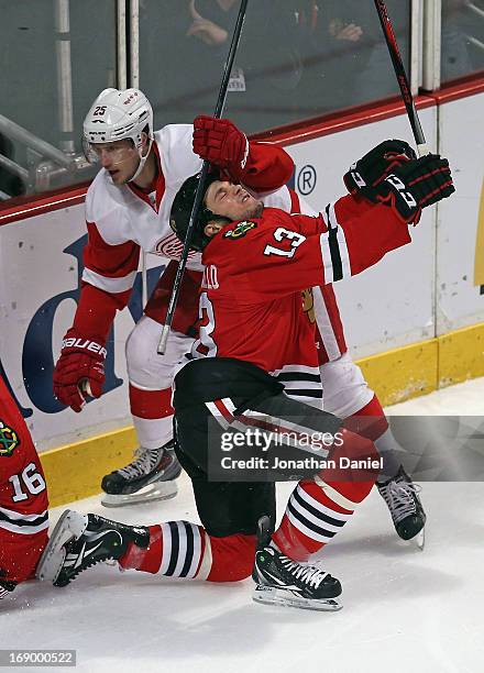 Cory Emmerton of the Detroit Red Wings grazes Daniel Carcillo of the Chicago Blackhawks in the head with his stick in Game Two of the Western...