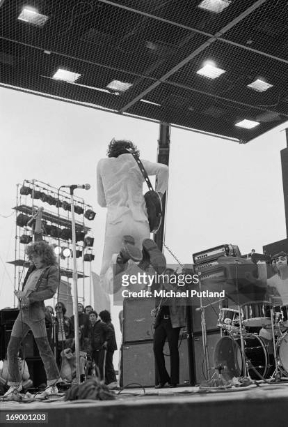 English rock group The Who performing at the Fete de l'Humanite music festival, Paris, 9th September 1972. Left to right: Roger Daltrey, Pete...