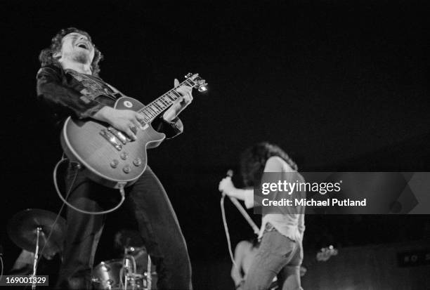 Guitarist Paul Kossoff and singer Paul Rodgers performing with English rock group Free, at Fairfield Halls, Croydon, London, 12th September 1972.