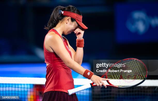 Misaki Doi of Japan reacts to defeating Petra Martic of Croatia in the first round on Day 2 of the Toray Pan Pacific Open at Ariake Coliseum on...