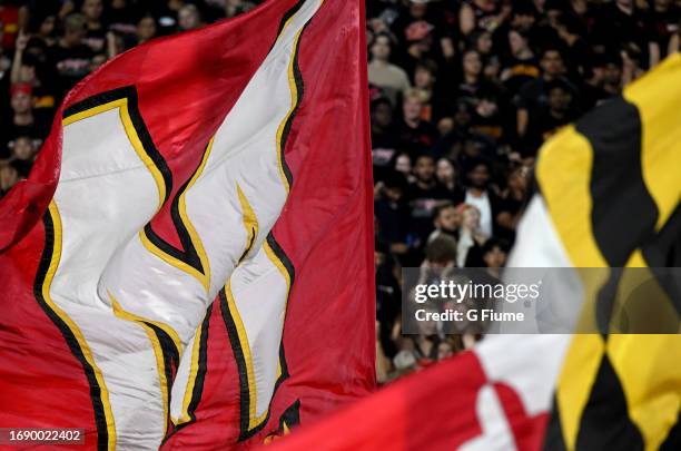 View of Maryland flags during the game between the Maryland Terrapins and the Virginia Cavaliers at SECU Stadium on September 15, 2023 in College...