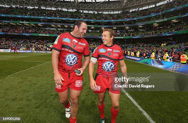 Jonny Wilkinson, the Toulon Captain celebrates with team mate Carl Hayman after their team's victory at the end of the Heineken Cup final match...