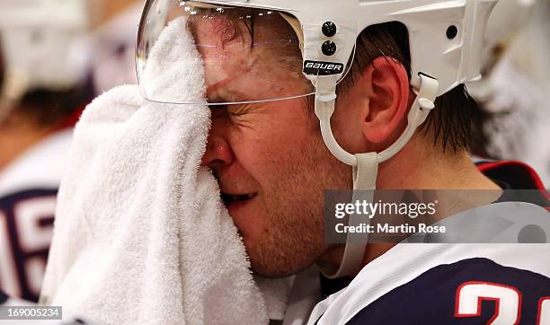 Paul Stastny of USA reacts during the IIHF World Championship semifinal match between Swiss and USA at Globen Arena on May 18, 2013 in Stockholm,...