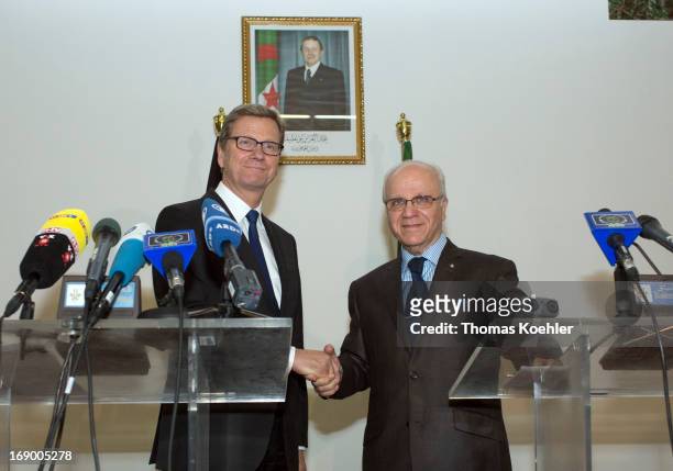 Press conference with German Foreign Minister Guido Westerwelle and the Foreign Minister of Algeria, Mourad Medelci, on May 18, 2013 in Algiers,...