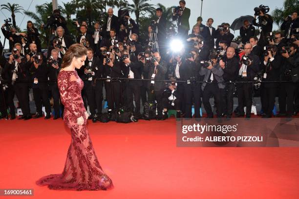 British singer Cheryl Cole poses on May 18, 2013 as she arrives for the screening of the film "Jimmy P. Psychotherapy of a Plains Indian" presented...