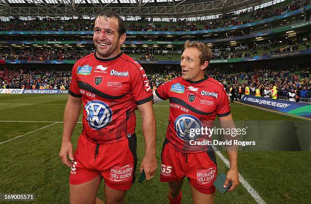 Jonny Wilkinson, the Toulon Captain celebrates with team mate Carl Hayman after their team's victory at the end of the Heineken Cup final match...