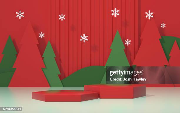 3d rendering product display platform - red abstract christmas tree stock-fotos und bilder