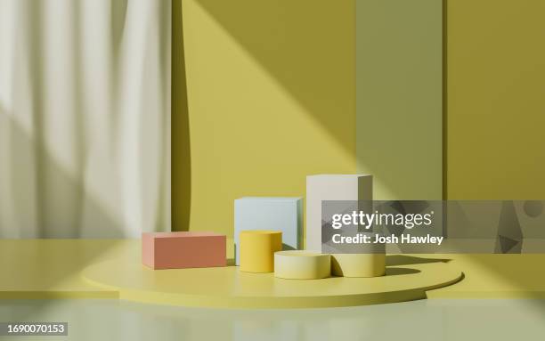 3d rendering product display platform - yellow curtains stock pictures, royalty-free photos & images