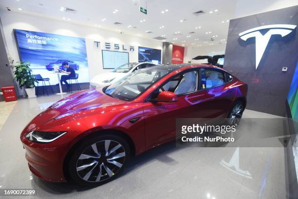 The new Tesla Model 3+ is on sale at a Tesla store in Hangzhou, Zhejiang province, China, September 26, 2023. At present, the new Tesla Model 3 has...