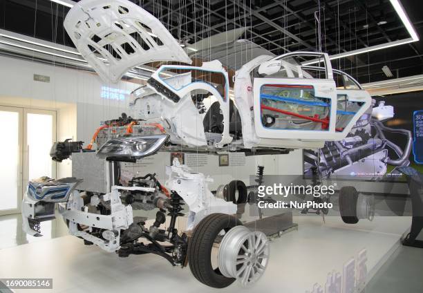 The structure of a BYD electric vehicle is displayed at Yantai Automotive Engineering Vocational College in Shandong province, Sept 8, 2023. Ubs...