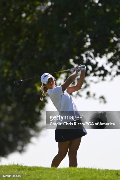 Yana Wilson hits her tee shot on the 8th hole during a practice round before the Junior Ryder Cup at Golf Nazionale on Monday, September 25, 2023 in...
