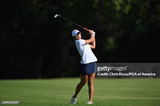Yana Wilson watches her shot during a practice round before the Junior Ryder Cup at Golf Nazionale on Monday, September 25, 2023 in Viterbo, Italy.