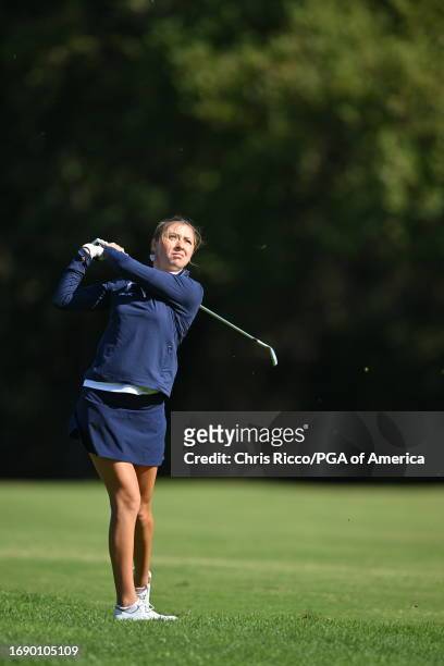 Anna Davis watches her shot during a practice round before the Junior Ryder Cup at Golf Nazionale on Monday, September 25, 2023 in Viterbo, Italy.