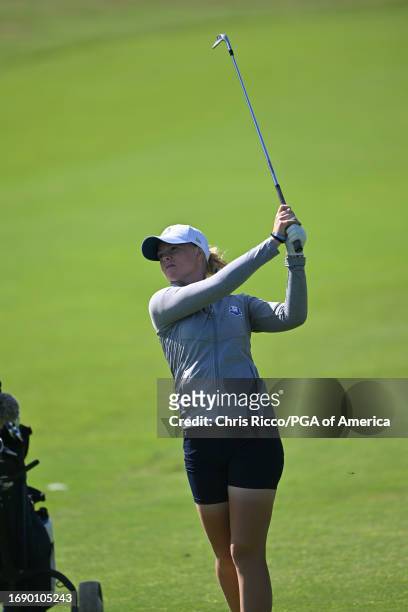 Meja Ortengren hits her shot during a practice round before the Junior Ryder Cup at Golf Nazionale on Monday, September 25, 2023 in Viterbo, Italy.