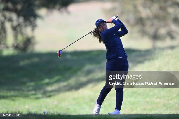 Kylie Chong watches her tee shot during a practice round before the Junior Ryder Cup at Golf Nazionale on Monday, September 25, 2023 in Viterbo,...