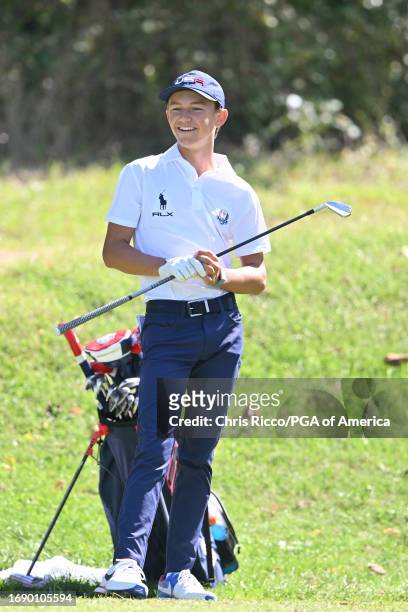 Miles Russell reacts during a practice round before the Junior Ryder Cup at Golf Nazionale on Monday, September 25, 2023 in Viterbo, Italy.