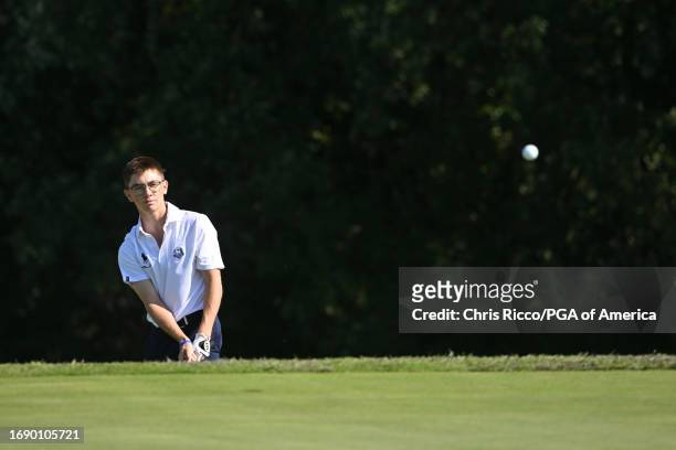 Billy Davis hits his approach to the green during a practice round before the Junior Ryder Cup at Golf Nazionale on Monday, September 25, 2023 in...
