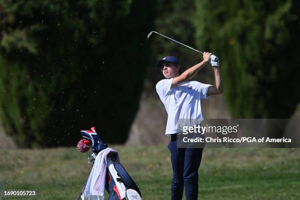 Jackson Byrd hits his shot during a practice round before the Junior Ryder Cup at Golf Nazionale on Monday, September 25, 2023 in Viterbo, Italy.