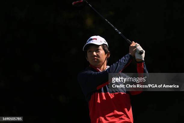 Jay Leng Jr. Hits his tee shot during a practice round before the Junior Ryder Cup at Golf Nazionale on Monday, September 25, 2023 in Viterbo, Italy.