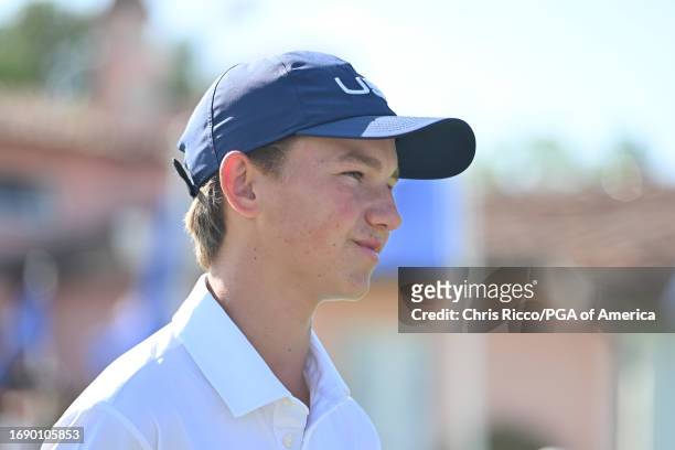 Miles Russell participates in an interview during a practice round before the Junior Ryder Cup at Golf Nazionale on Monday, September 25, 2023 in...
