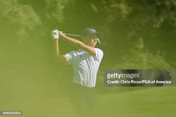 Miles Russell hits his shot during a practice round before the Junior Ryder Cup at Golf Nazionale on Monday, September 25, 2023 in Viterbo, Italy.
