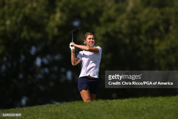 Anna Davis hits her tee shot during a practice round before the Junior Ryder Cup at Golf Nazionale on Monday, September 25, 2023 in Viterbo, Italy.