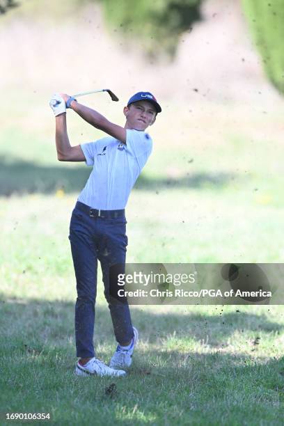 Miles Russell hits his shot during a practice round before the Junior Ryder Cup at Golf Nazionale on Monday, September 25, 2023 in Viterbo, Italy.