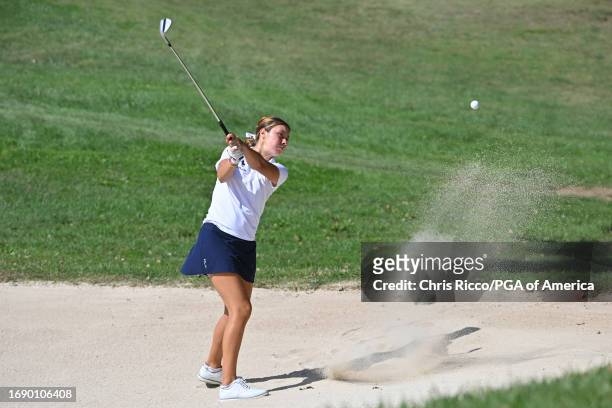 Anna Davis hits out of the bunker during a practice round before the Junior Ryder Cup at Golf Nazionale on Monday, September 25, 2023 in Viterbo,...