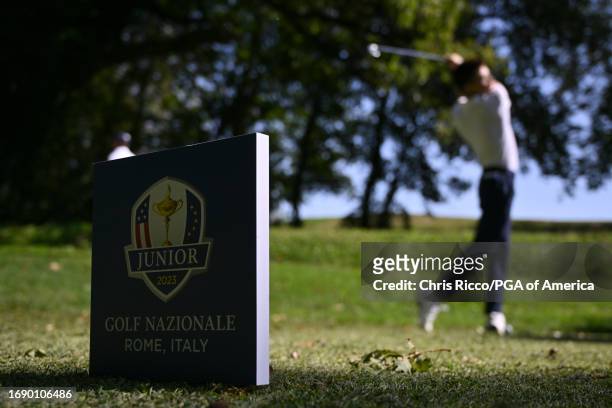Billy Davis hits his tee shot on the 17th hole during a practice round before the Junior Ryder Cup at Golf Nazionale on Monday, September 25, 2023 in...