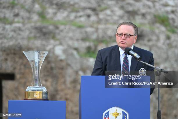 Team USA Captain Paul Levy makes his remarks during the Opening Ceremony for the Junior Ryder Cup at Golf Nazionale on Monday, September 25, 2023 in...