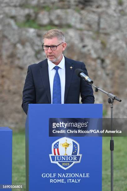 Team Europe Captain Stephen Gallacher makes his remarks during the Opening Ceremony for the Junior Ryder Cup at Golf Nazionale on Monday, September...