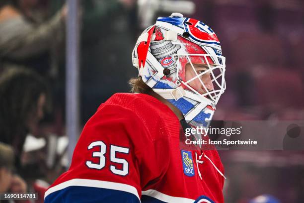 Look on Montreal Canadiens goalie Samuel Montembeault at warm-up before the New Jersey Devils versus the Montreal Canadiens preseason game on...