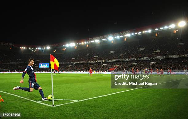 David Beckham of PSG takes a corner during the Ligue 1 match between Paris Saint-Germain FC and Stade Brestois 29 at Parc des Princes on May 18, 2013...