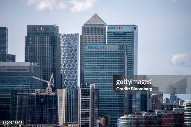 Skyscrapers in the Canary Wharf financial, business and shopping district in London, UK, on Tuesday Sept. 26, 2023. UK regulators want to boost...