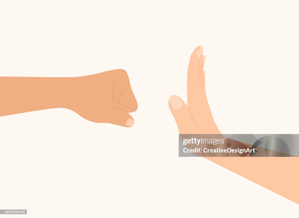 Hand Preventing Punch Attack Of Another Hand. Stop Violence, Abuse And Domestic Violence Concept