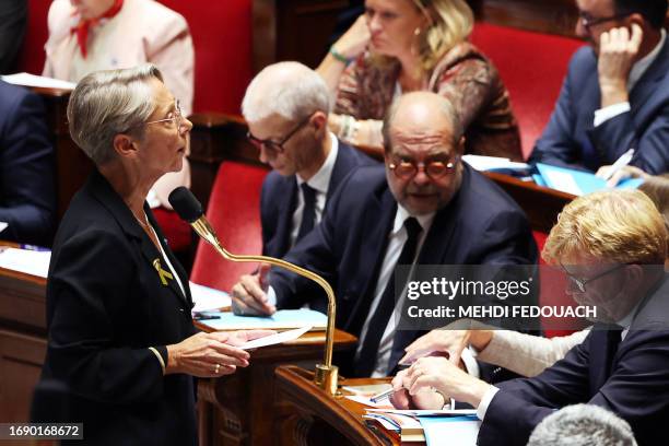 French Prime Minister Elisabeth Borne speaks during a session of questions to the goverment at the French National Assembly in Paris on September 26,...