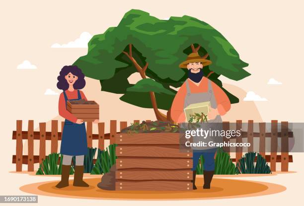 illustrazioni stock, clip art, cartoni animati e icone di tendenza di giardinieri fare compost da rifiuti organici in giardino gettando organico nel bidone del compost - manure pile